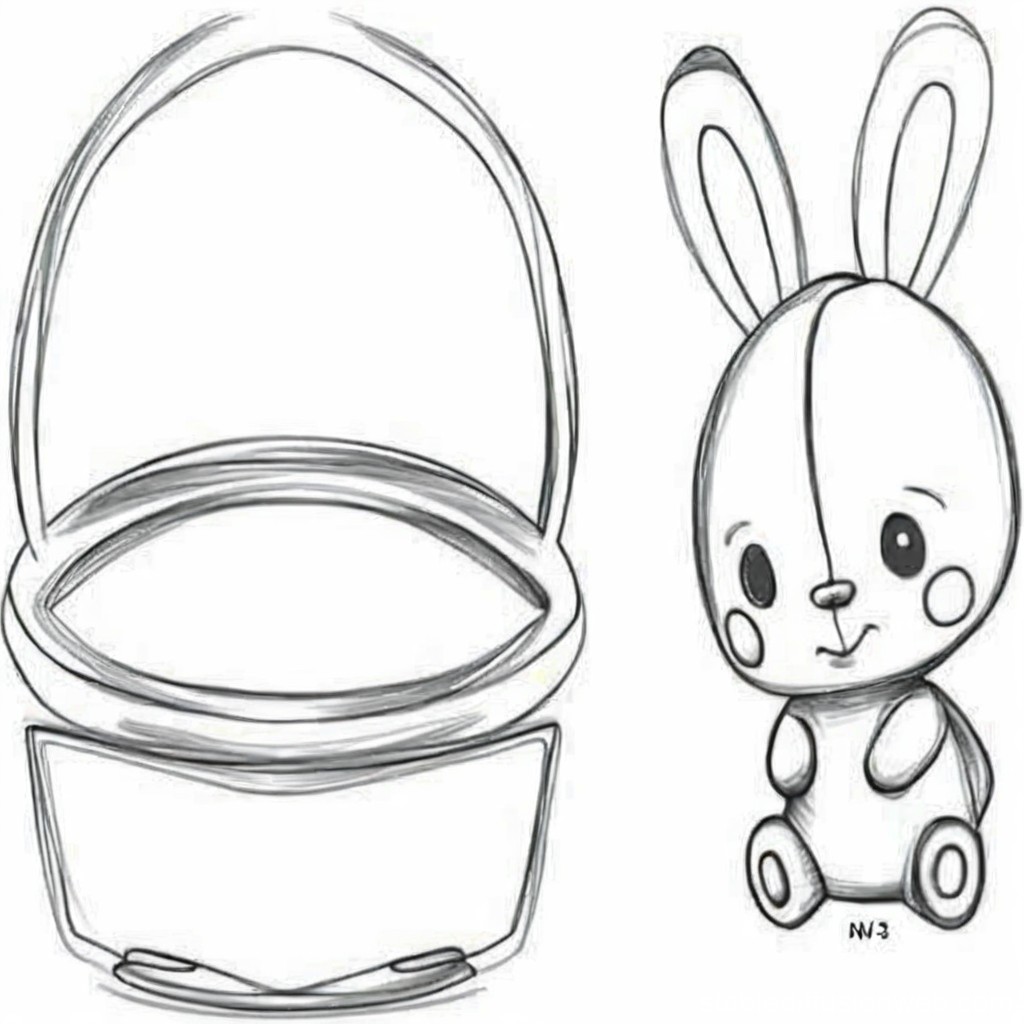 Sketch of Easter Basket and Cute Bunny Toy