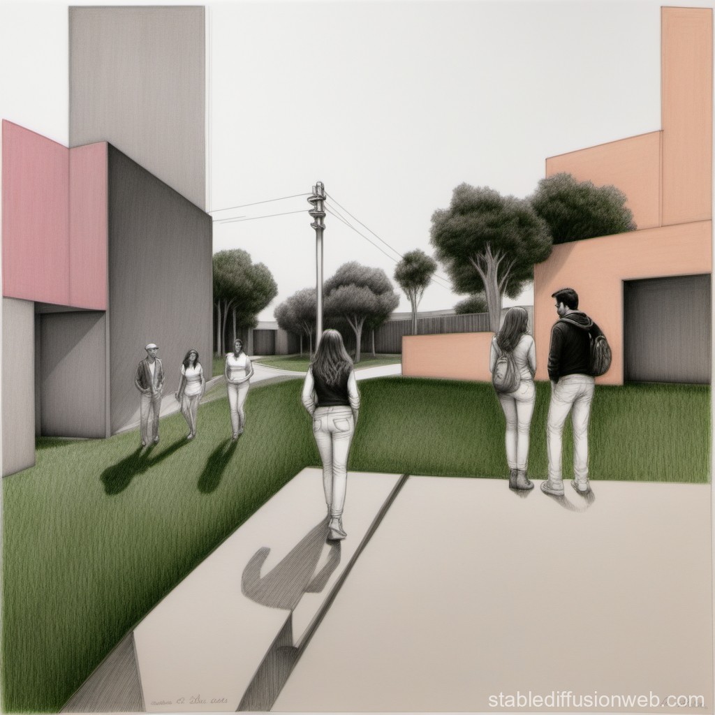 Sketch of People Walking in a Modern Urban Park
