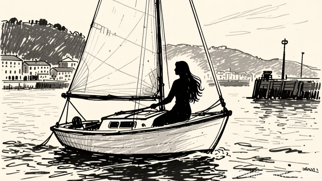 Sketchy Sailboat with Silhouette of Woman at Harbor