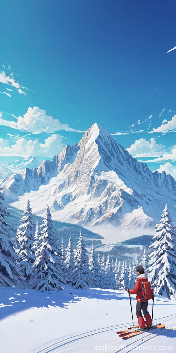 Skier Admiring Snowy Mountain Landscape