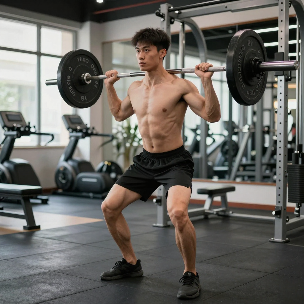 Skinny Man Performing Barbell Squat in Gym