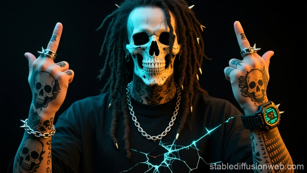 Skull-Faced Figure with Tattoos and Cyberpunk Vibes