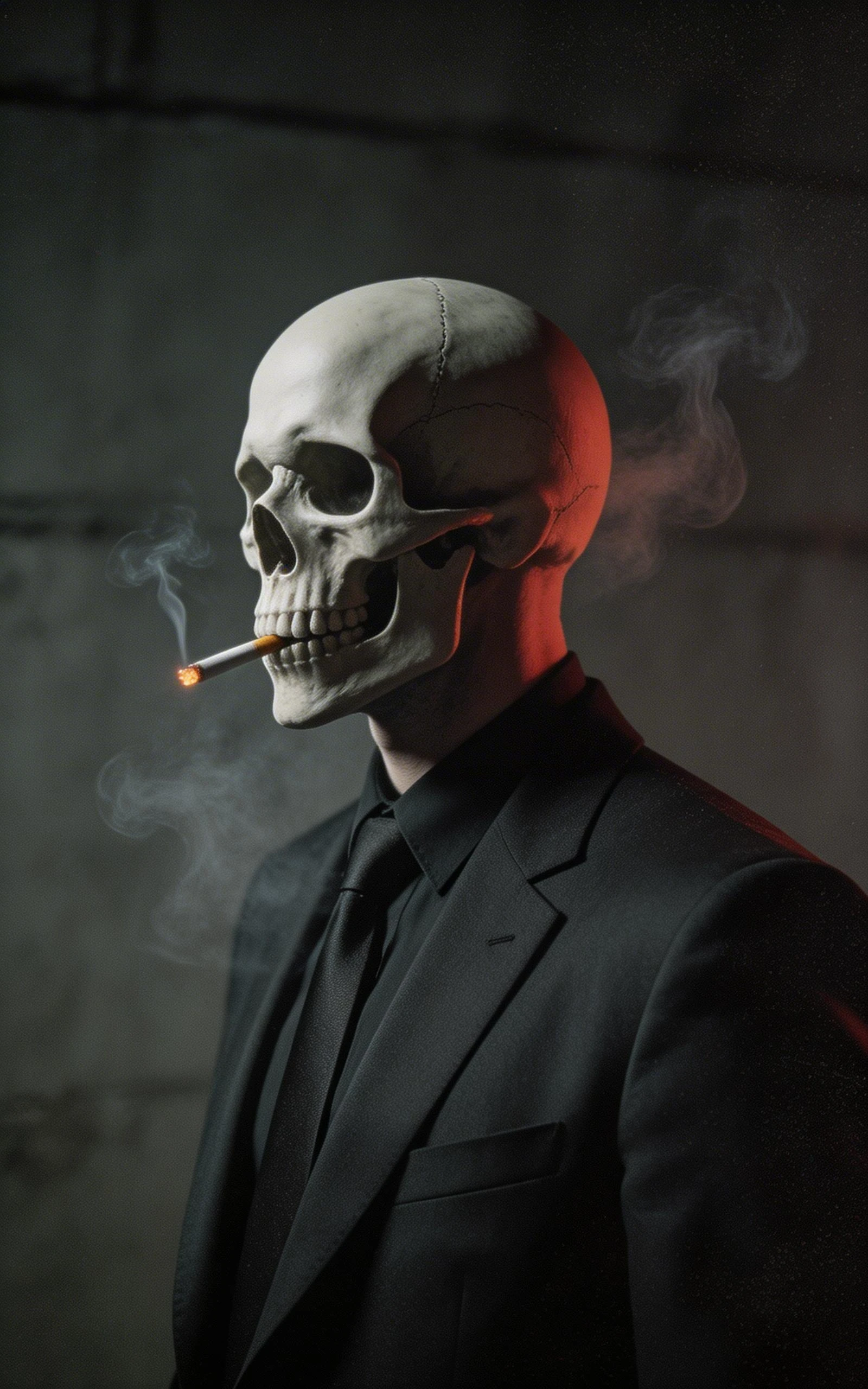 Skull in Black Suit Smoking a Cigarette
