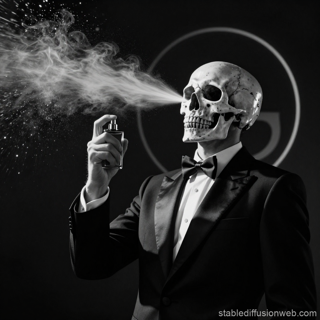 Skull in Tuxedo Spraying Fragrance in Black and White