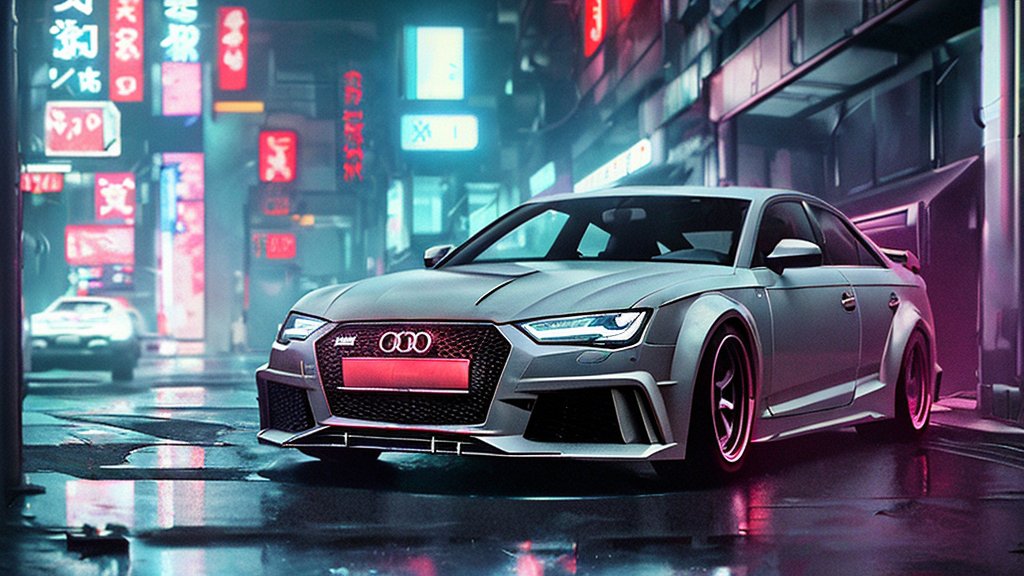 Sleek Audi RS3 in Neon-Lit Urban Nightscape