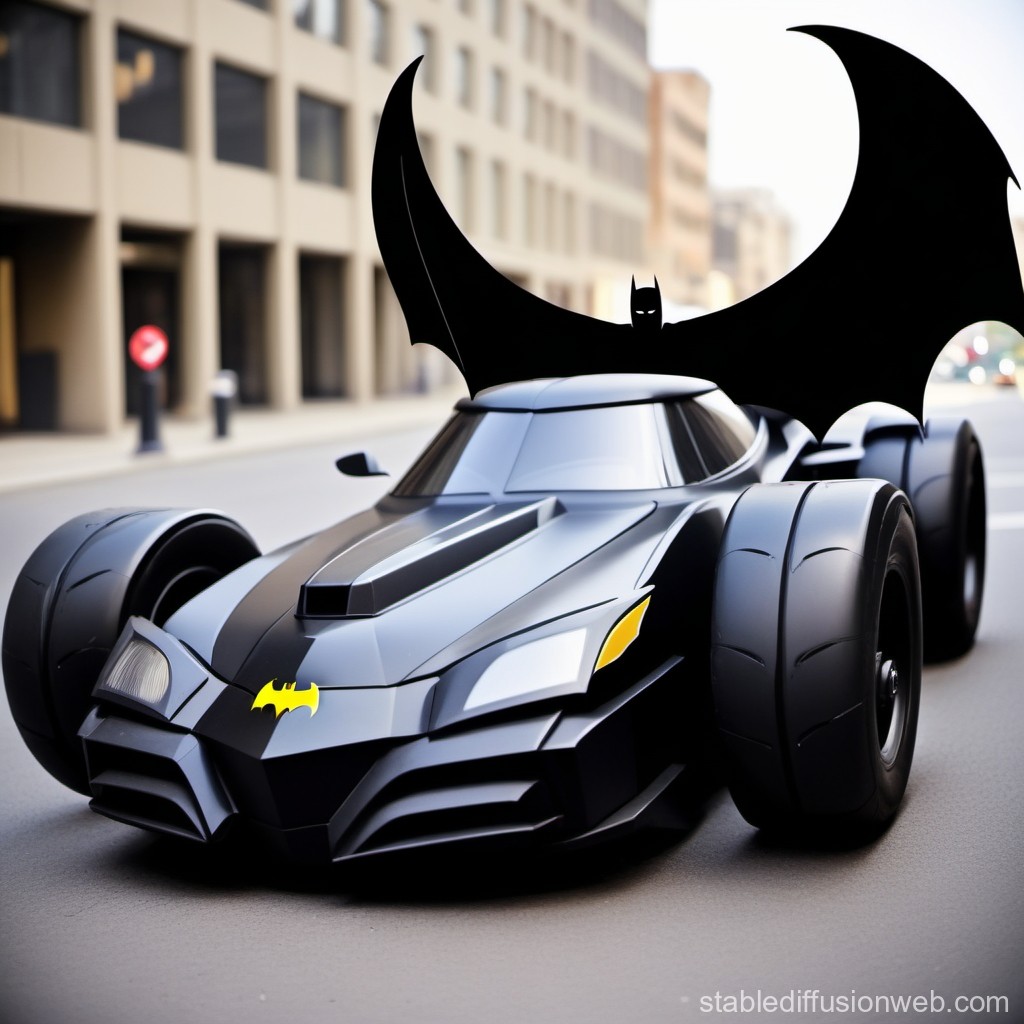 Sleek Black Batmobile with Iconic Bat Wings in Urban Setting