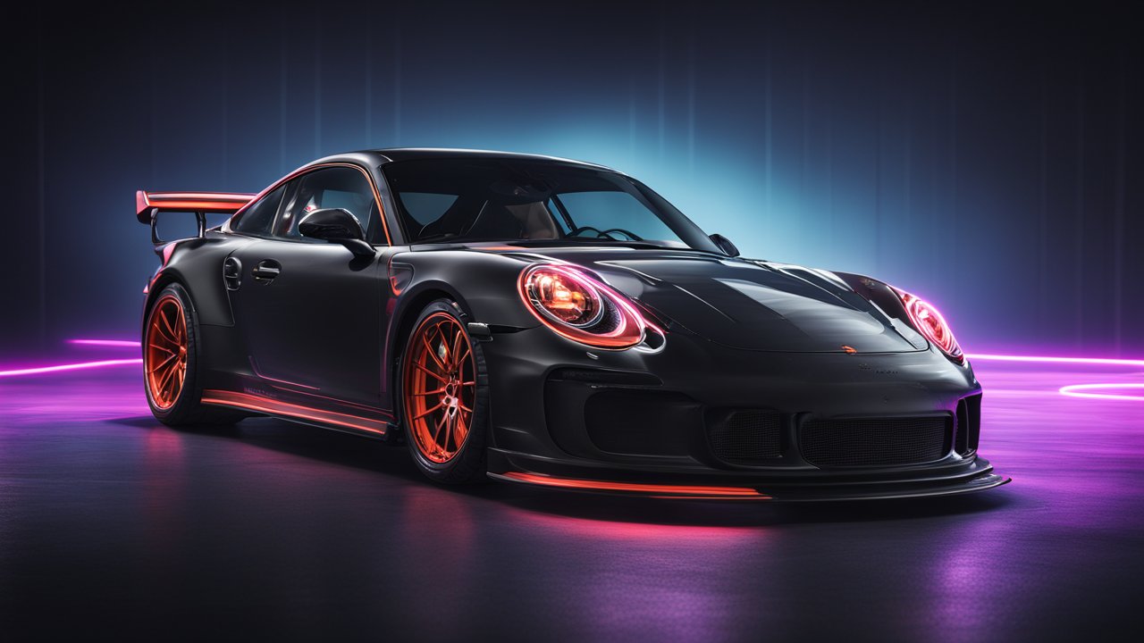 Sleek Black Porsche 911 GT3 RS with Neon Accents