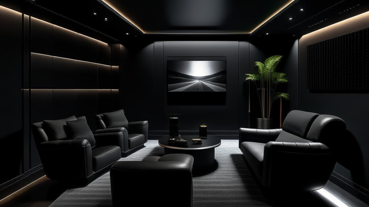 Sleek Black Themed Home Cinema Room with Modern Seating