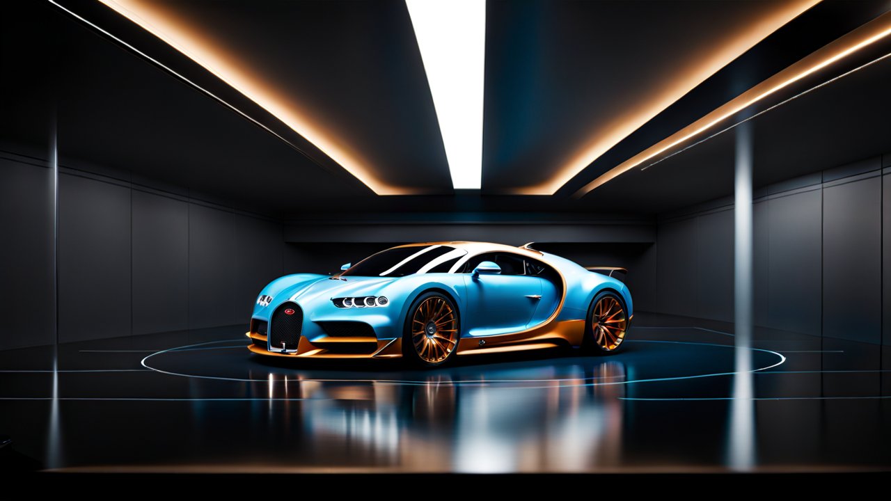Sleek Blue and Gold Bugatti Sports Car in Modern Garage