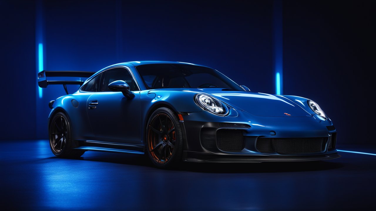 Sleek Blue Porsche 911 GT3 RS in Dramatic Lighting