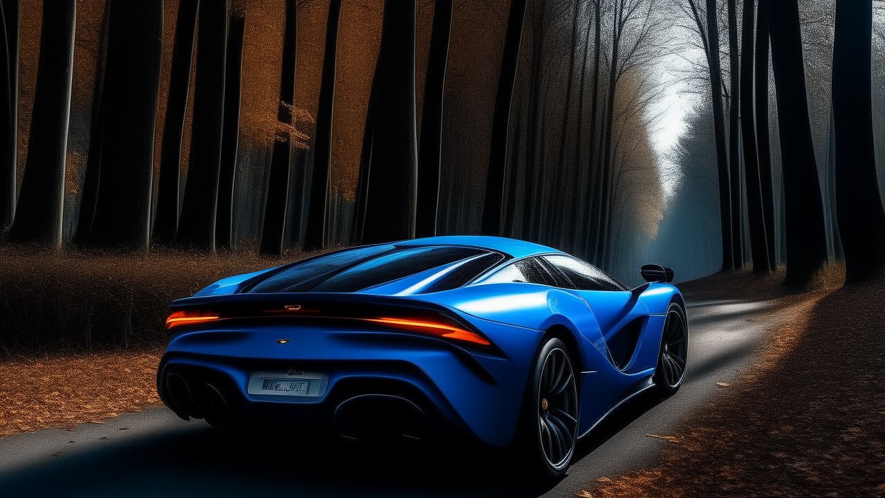 Sleek Blue Sports Car on a Forest Road at Dusk