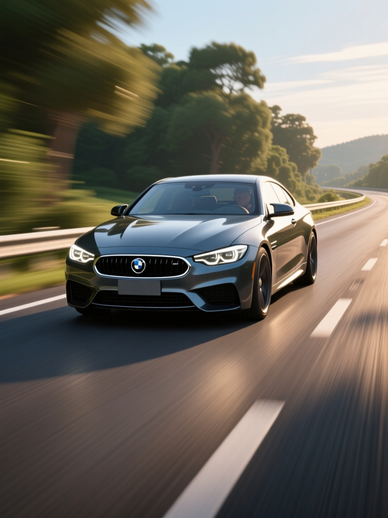 Sleek BMW Driving on a Scenic Road at Sunset
