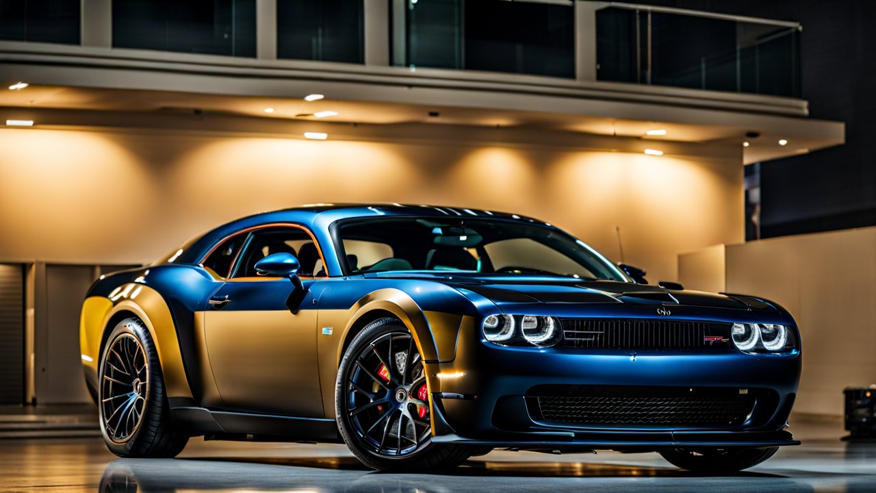 Sleek Dodge Challenger with Custom Blue and Gold Finish