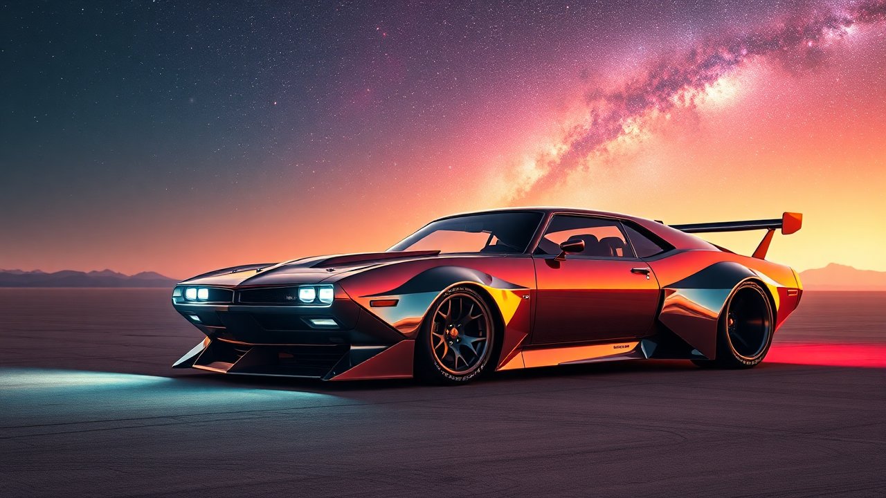 Sleek Muscle Car at Sunset with Starry Sky