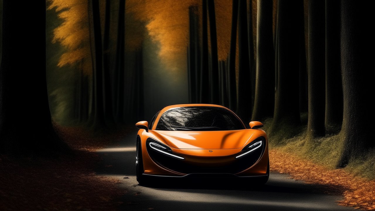 Sleek Orange Sports Car in a Dark Autumn Forest