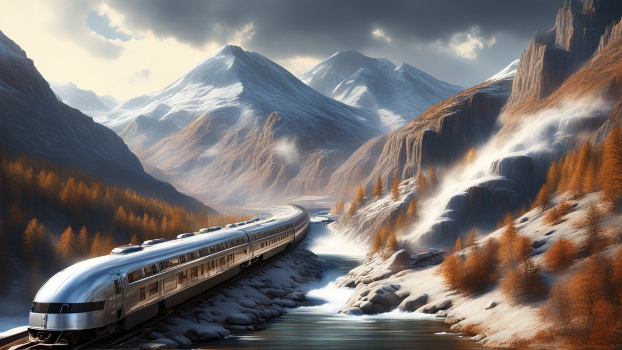 Sleek Silver Train Traveling Through Snowy Mountain Valley