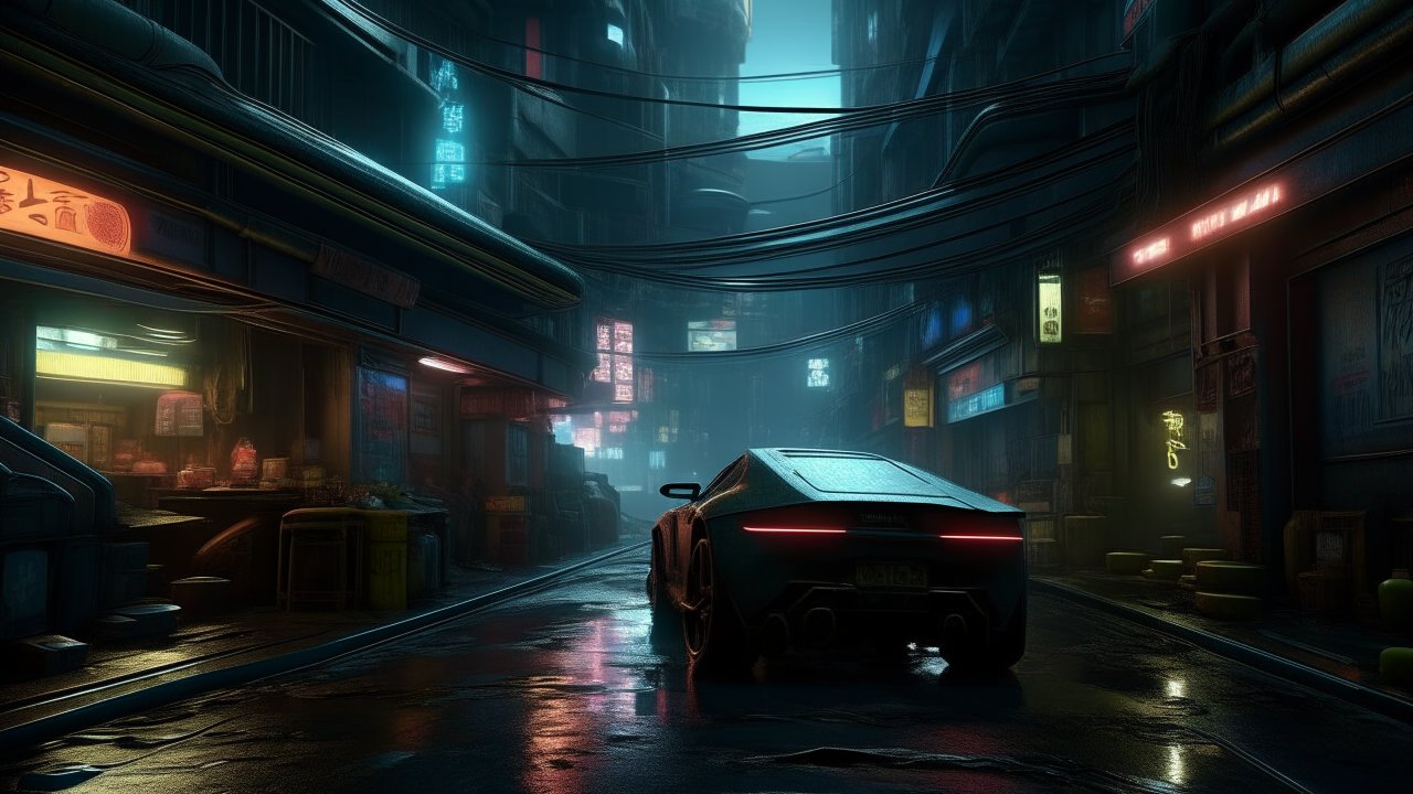 Sleek Sports Car in Neon-Lit Cyberpunk Alley