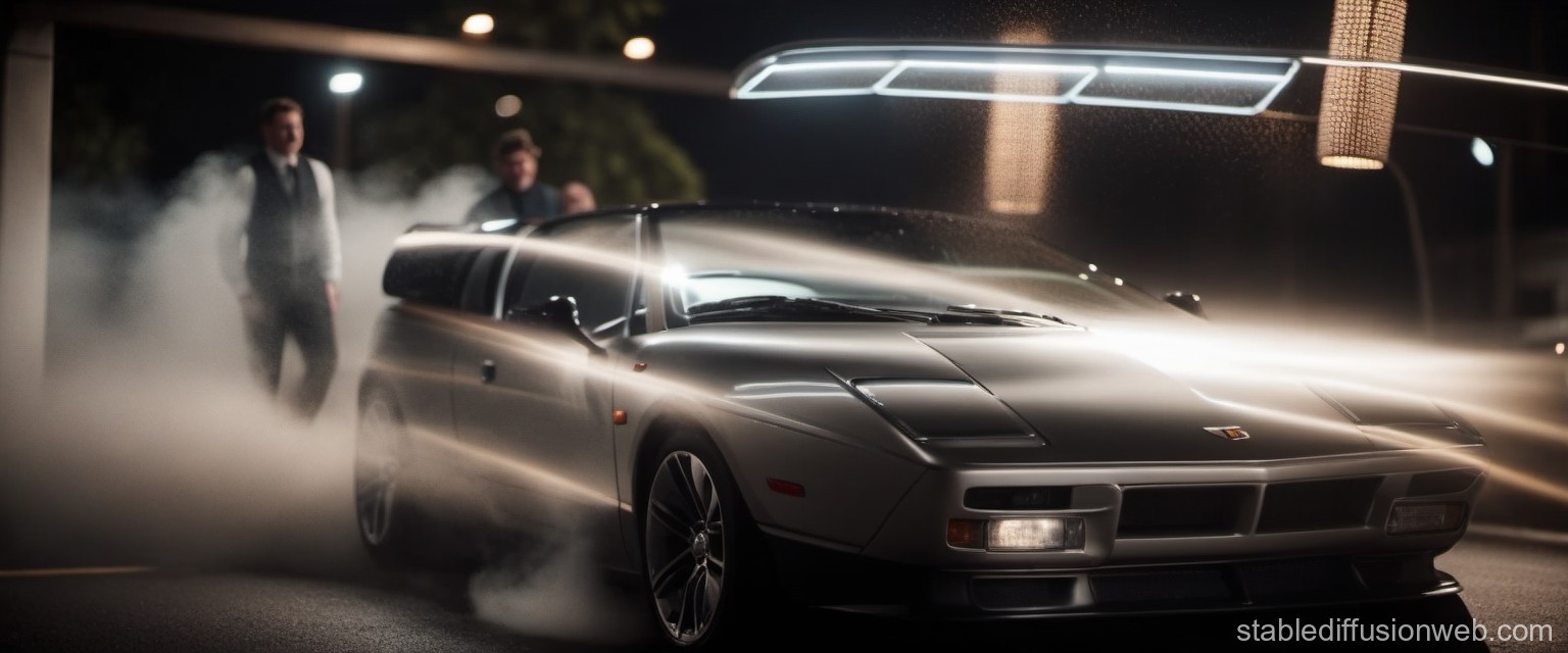 Sleek Sports Car in Nighttime Urban Setting with Light Trails