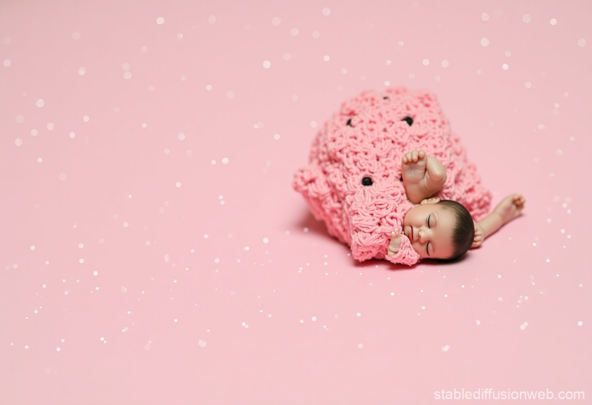 Sleeping Baby Wrapped in Pink Knitted Blanket on Soft Pink Background