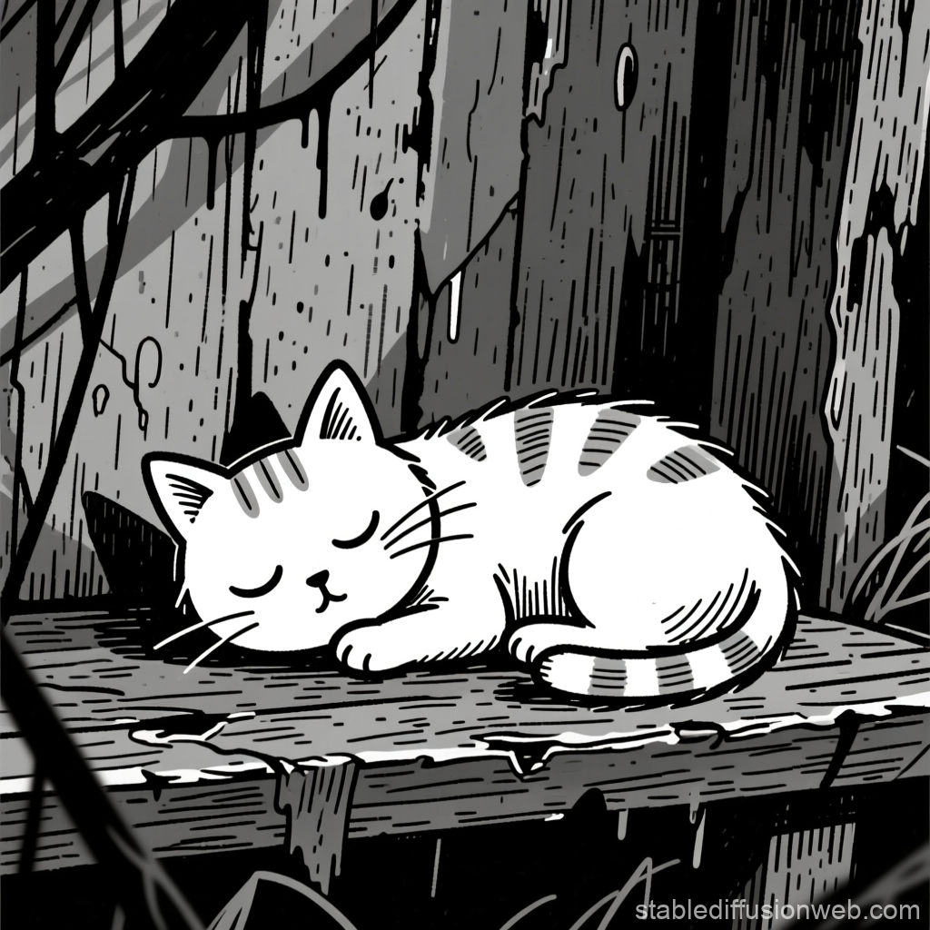 Sleeping Cat on Weathered Wooden Bench in Gloomy Setting