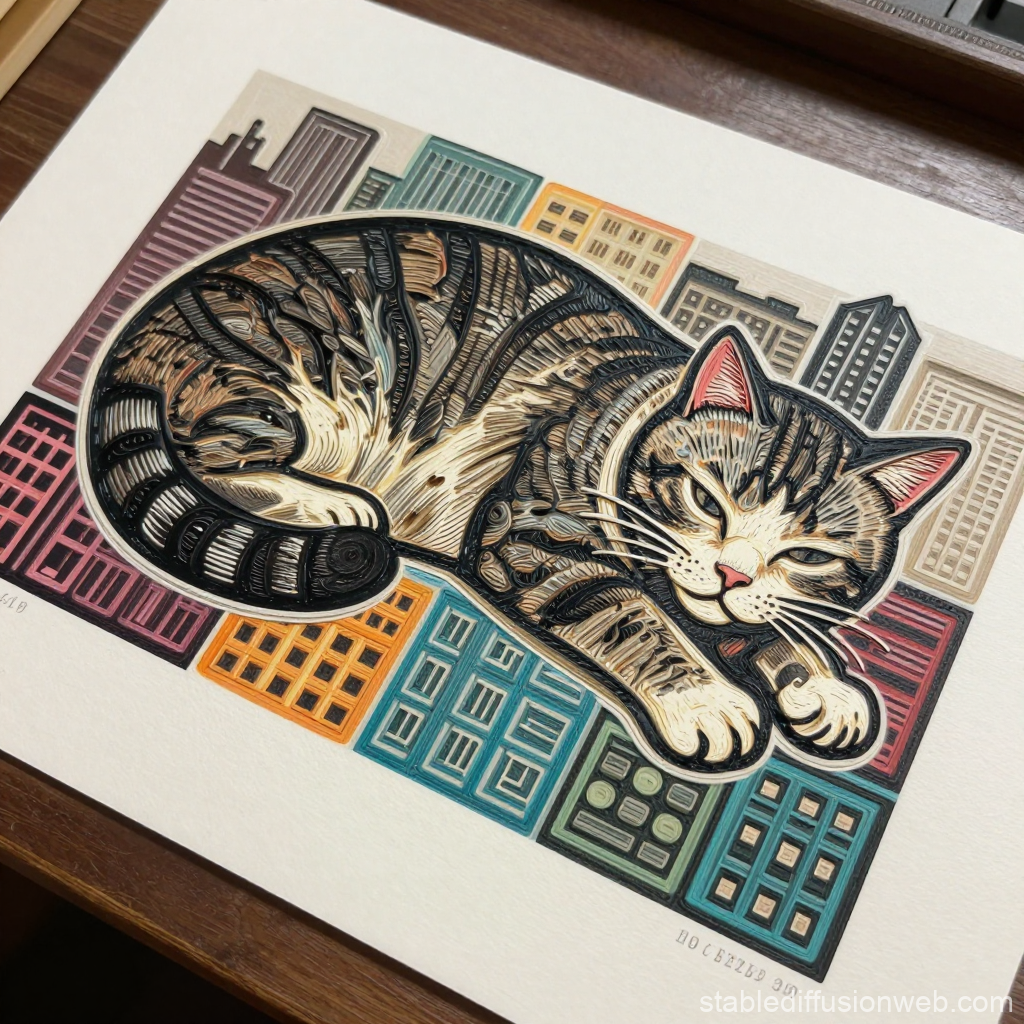 Sleeping Cat Over Colorful Cityscape Illustration