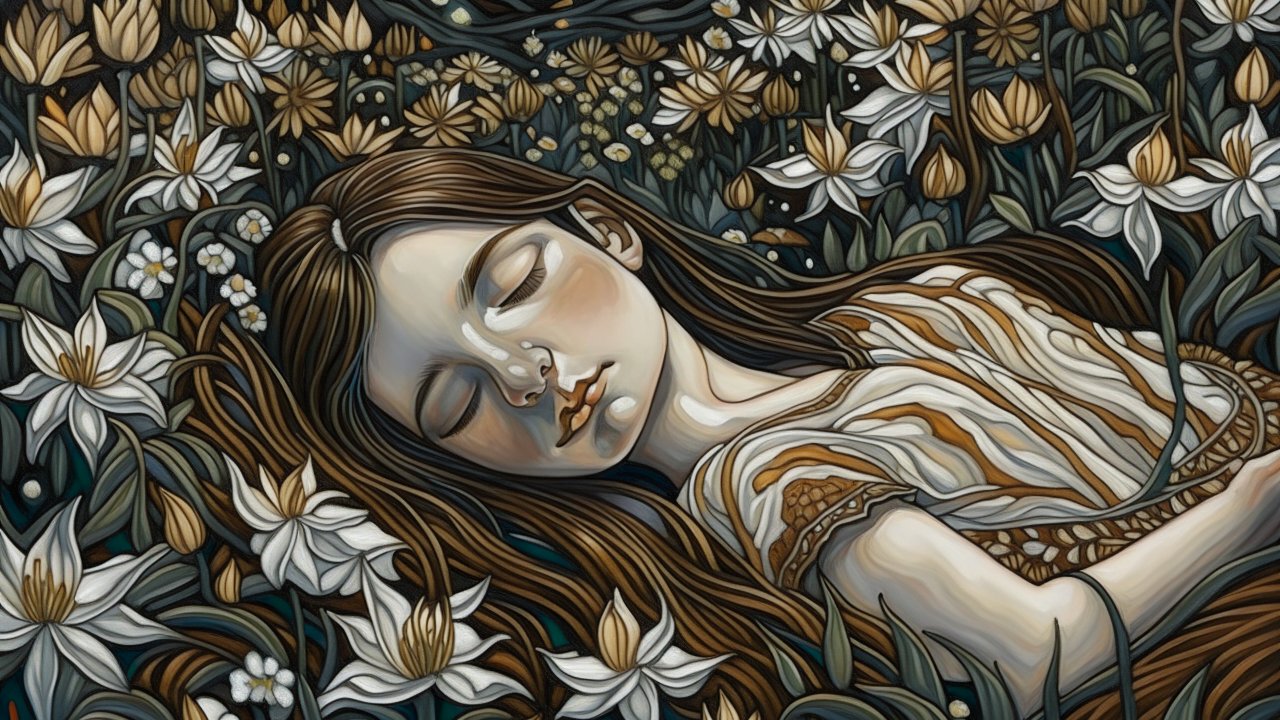 Sleeping Girl Surrounded by Flowers in a Stylized Painting