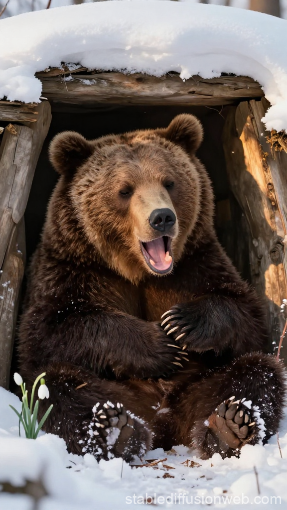 Sleepy Brown Bear Resting in Snowy Den