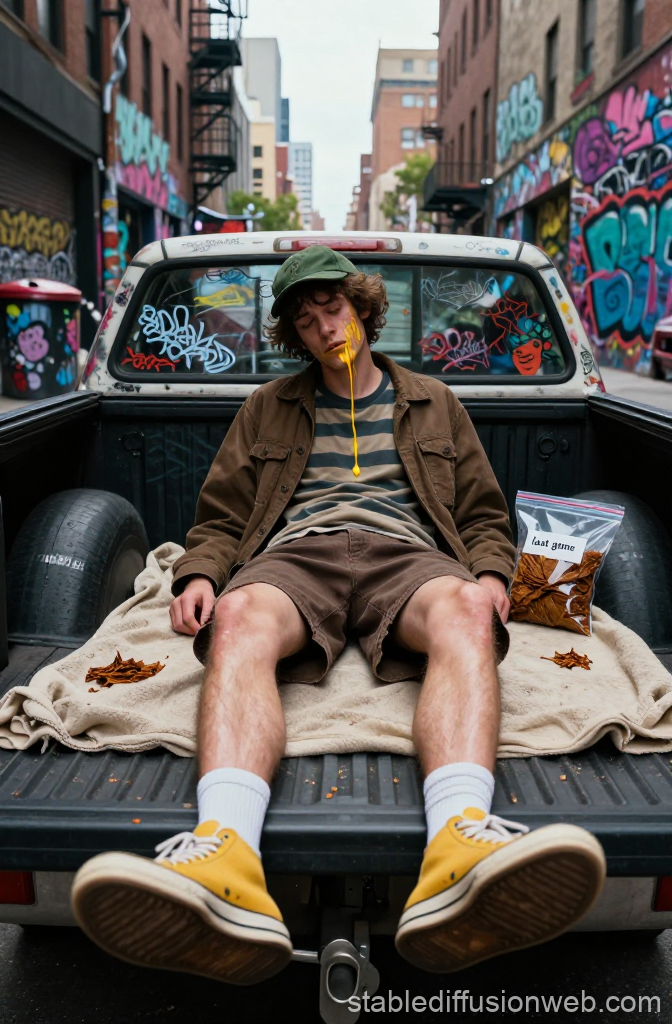 Sleepy Young Man Relaxing in Graffiti-Lined Alley