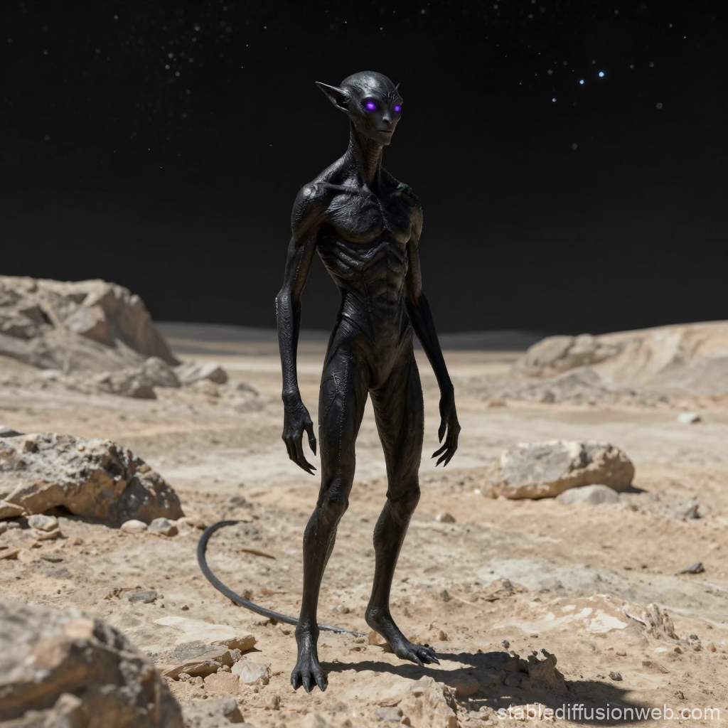 Slender Alien Creature with Glowing Purple Eyes on Rocky Terrain
