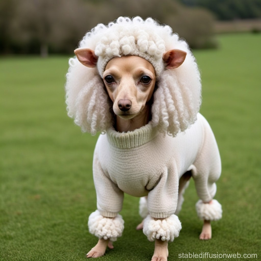 Small Dog Wearing a White Poodle Costume Outdoors