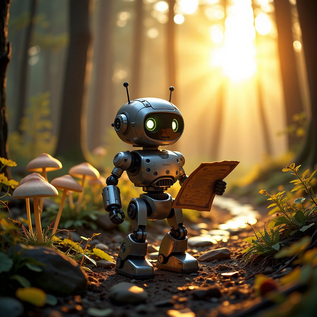 Small Robot Exploring a Forest Path at Sunrise