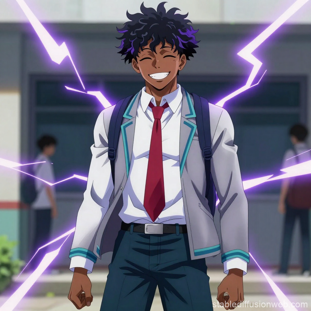 Smiling African American Anime Hero with Electric Aura
