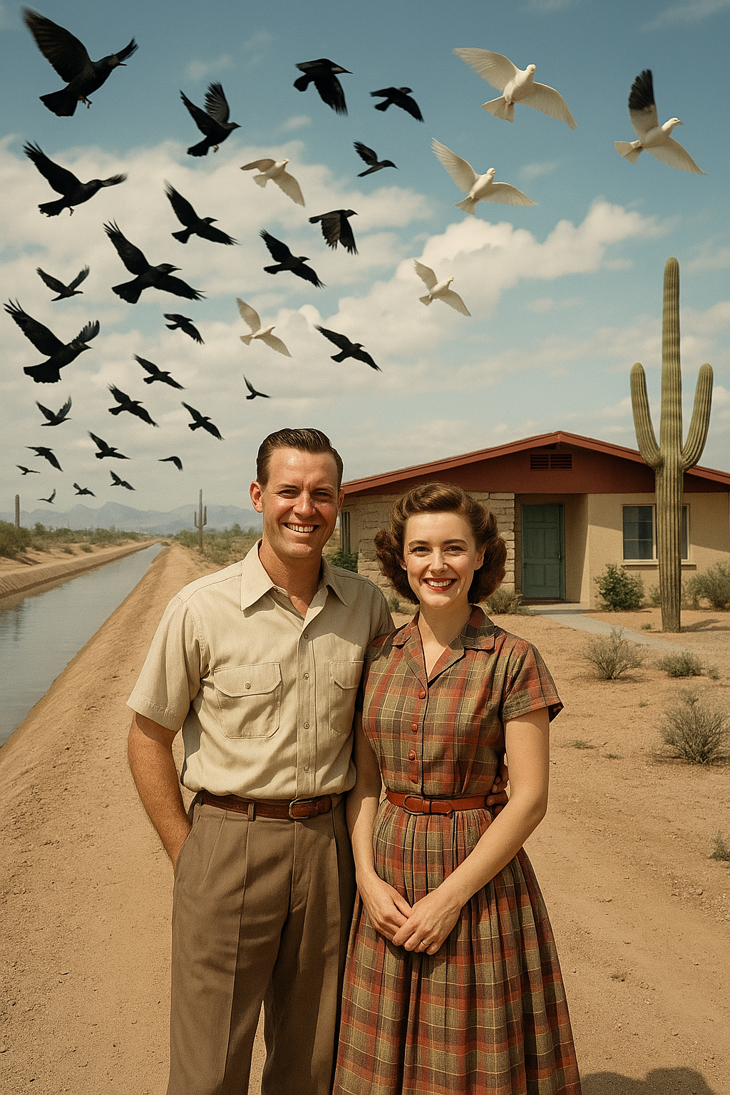 Smiling American Couple in Desert Setting with Birds Flying