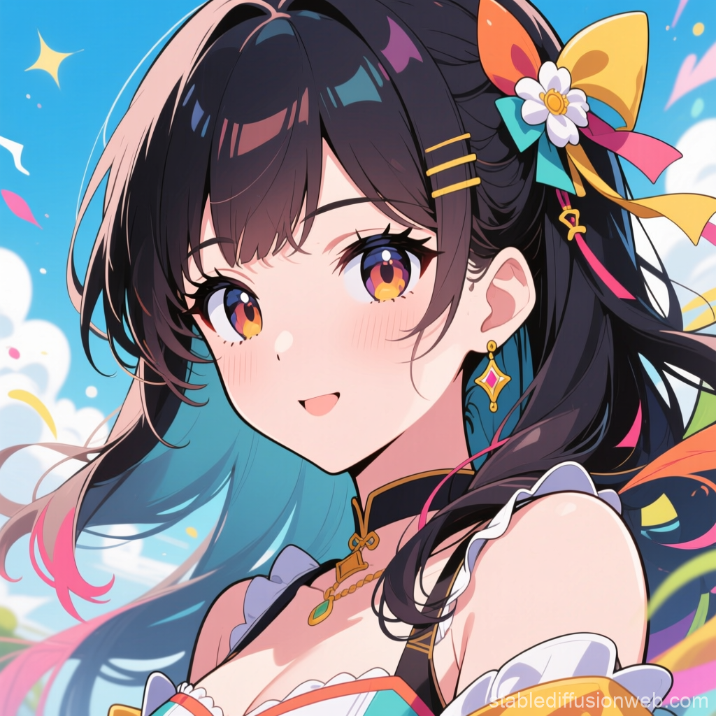 Smiling Anime Girl with Colorful Hair Accessories