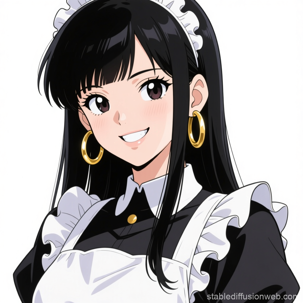 Smiling Anime Maid with Gold Hoop Earrings