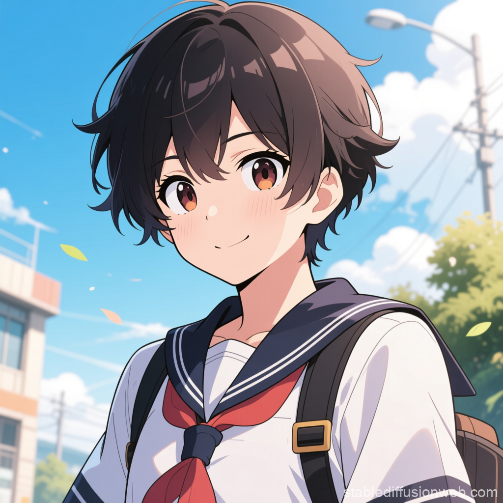 Smiling Anime Schoolgirl in Sailor Uniform Outdoors