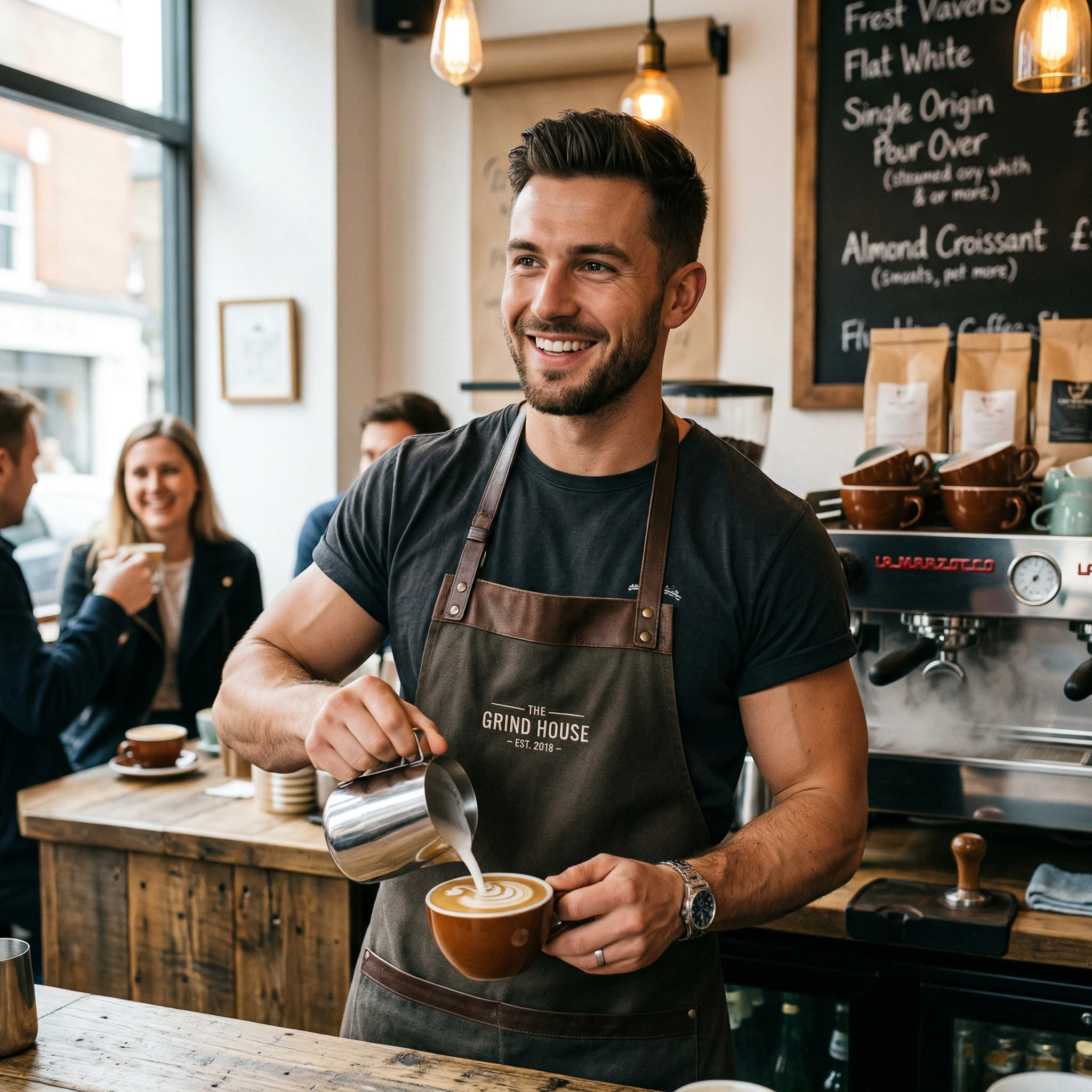 Smiling Barista Pouring Latte Art in Cozy Coffee Shop