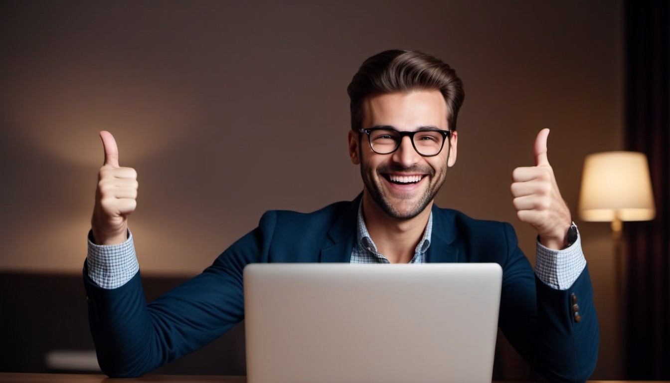 Smiling Businessman Giving Thumbs Up in Office