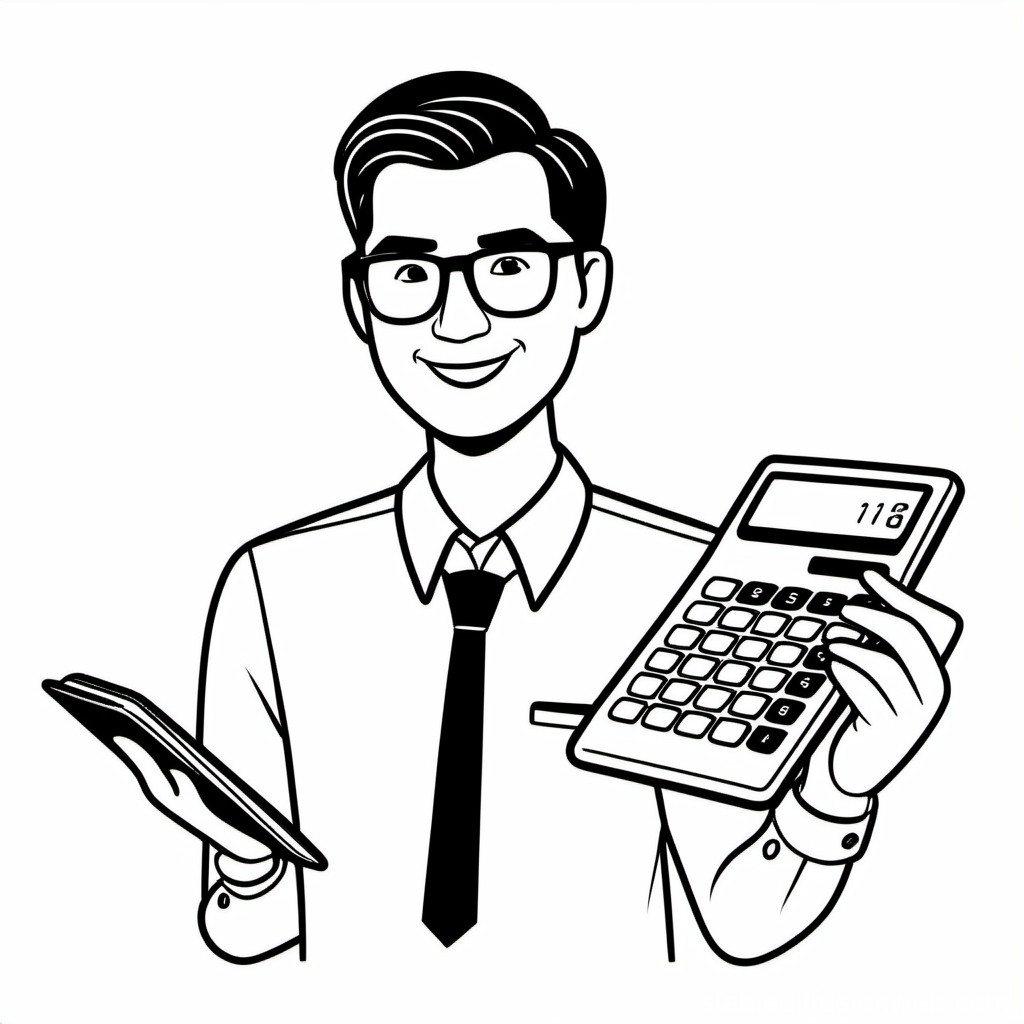 Smiling Businessman Holding Calculator and Tablet Illustration