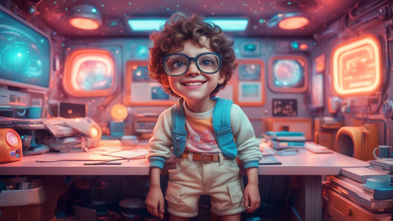 Smiling Child in a Futuristic Control Room