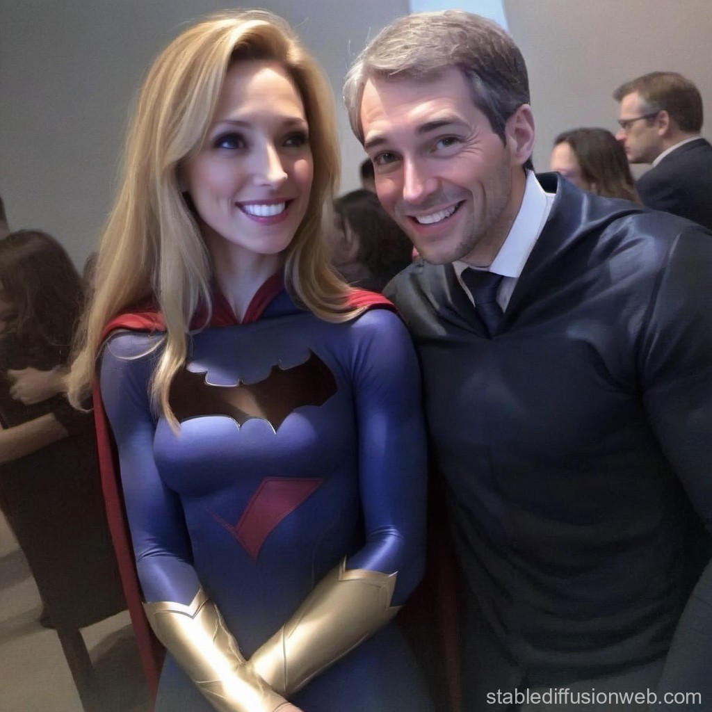 Smiling Couple in Superhero Costume and Formal Wear