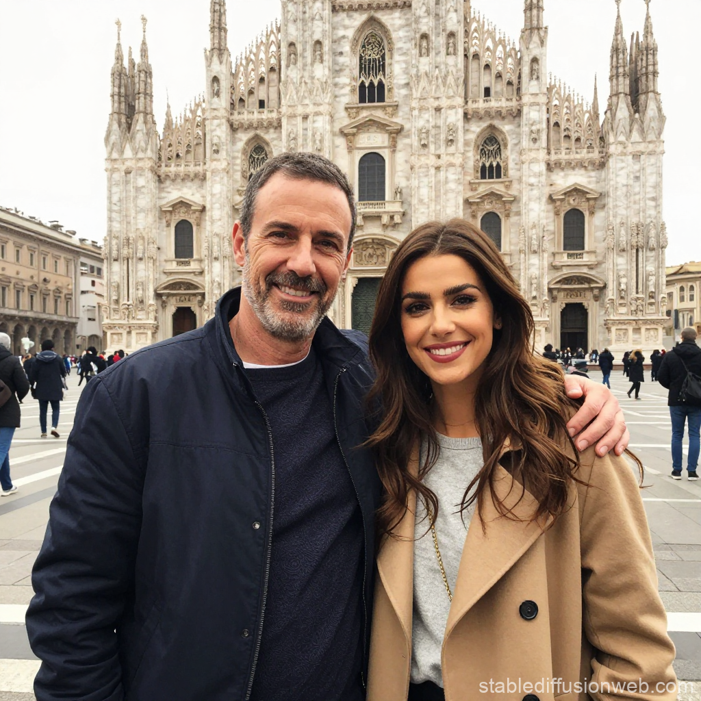 Smiling Couple Posing in Front of Milan Cathedral