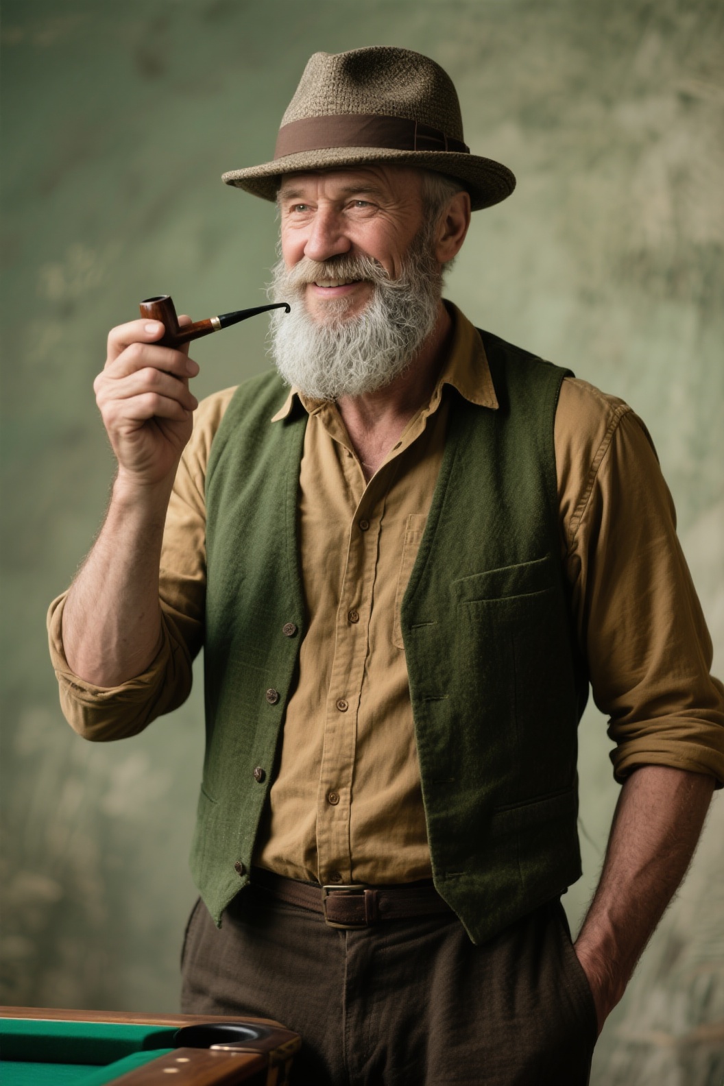 Smiling Elderly Man with Pipe and Fedora Hat