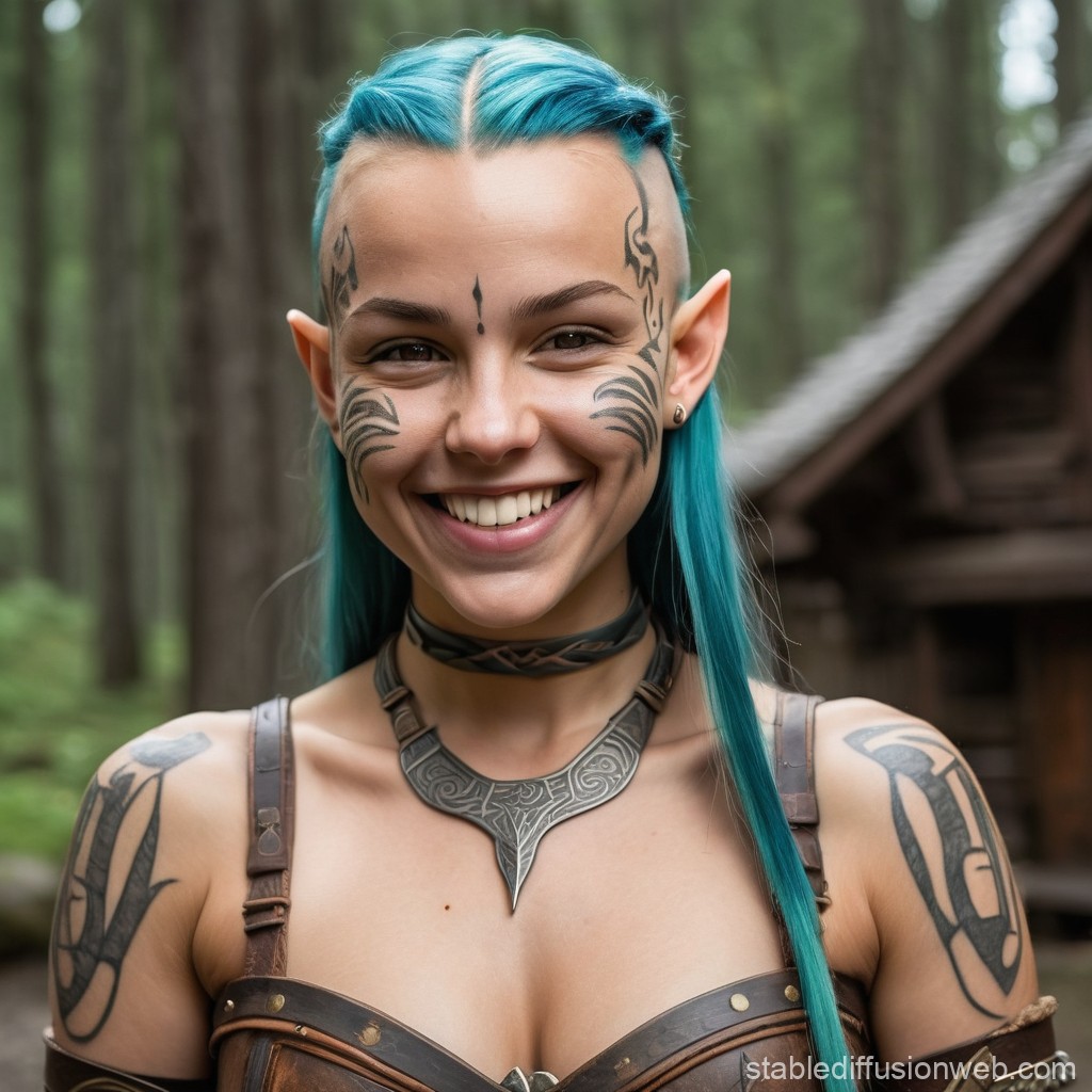 Smiling Elf Warrior with Blue Hair and Tribal Tattoos