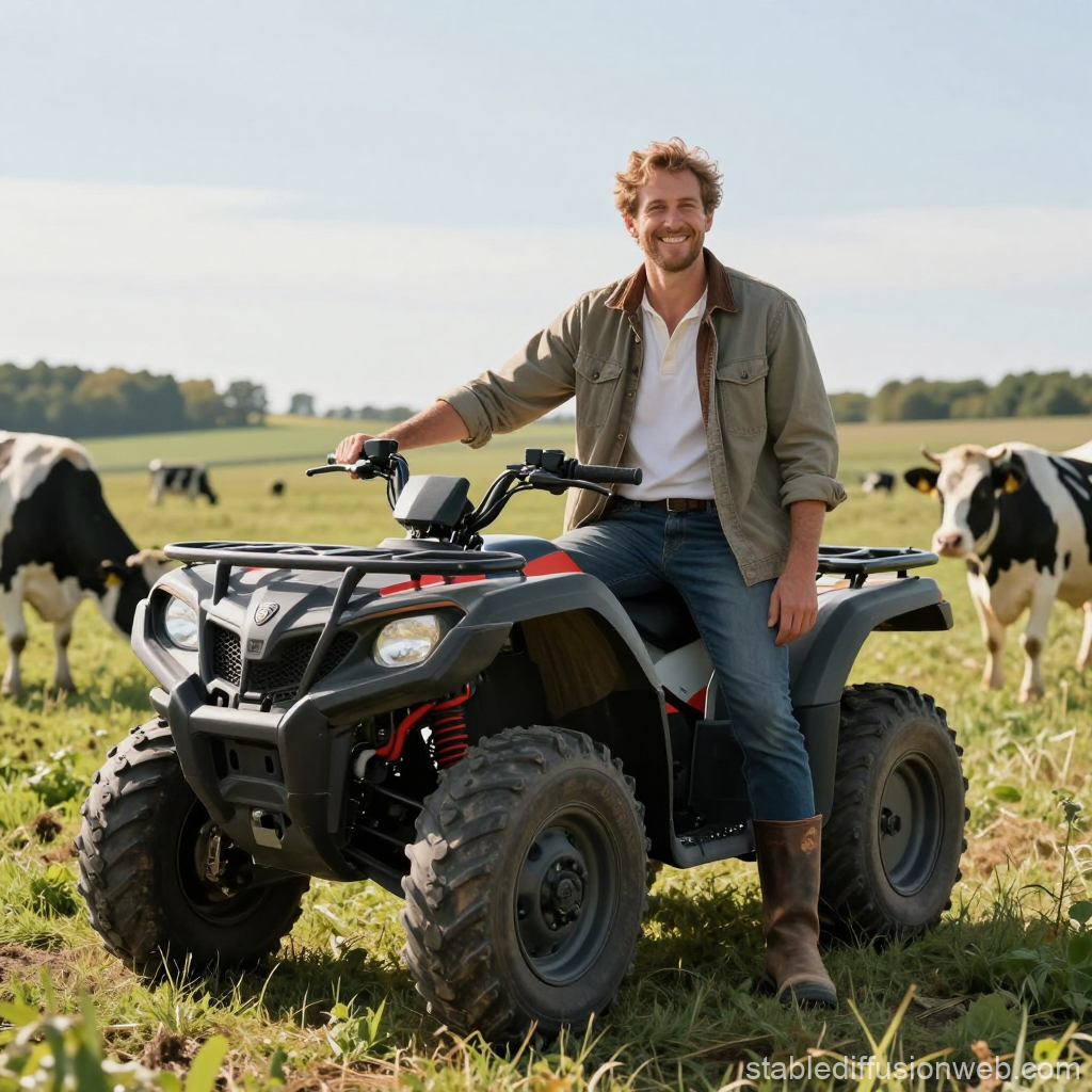 Smiling Farmer on ATV in Pasture with Cows