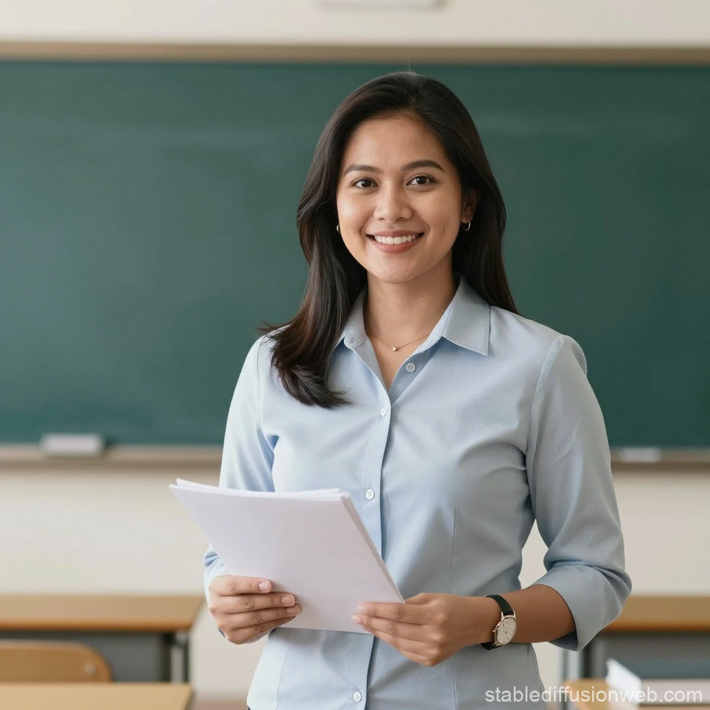 Smiling Filipina Teacher Holding Papers in Classroom