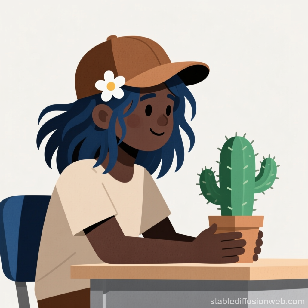 Smiling Girl Holding Potted Cactus in Flat Paper Cut Style