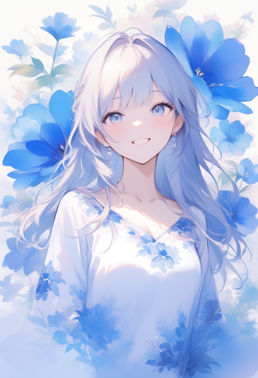 Smiling Girl Surrounded by Blue Flowers in Watercolor Style