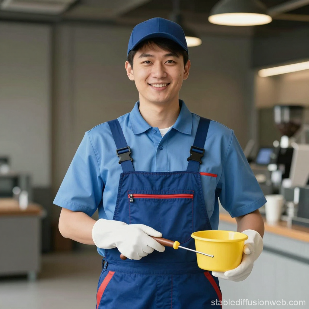 Smiling Janitor Holding Cleaning Tools in Modern Workspace