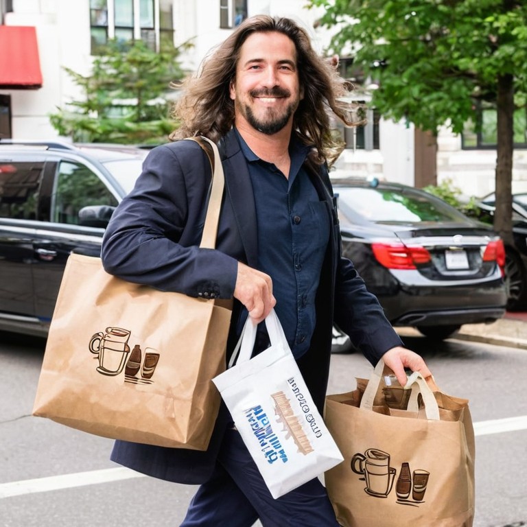 Smiling Man Carrying Reusable Shopping Bags on City Street